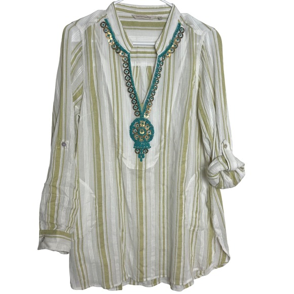 Soft Surroundings Tops - Soft Surroundings Women's M Striped Tunic Top Teal Beaded Embellishment Cotton